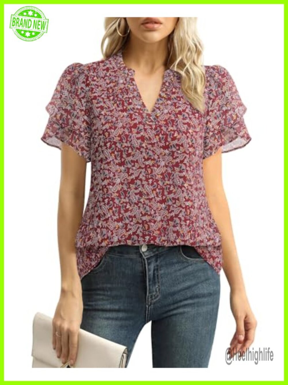 Lotusmile Women's Chiffon Blouse Petal Sleeve V Neck Dressy Work Top
